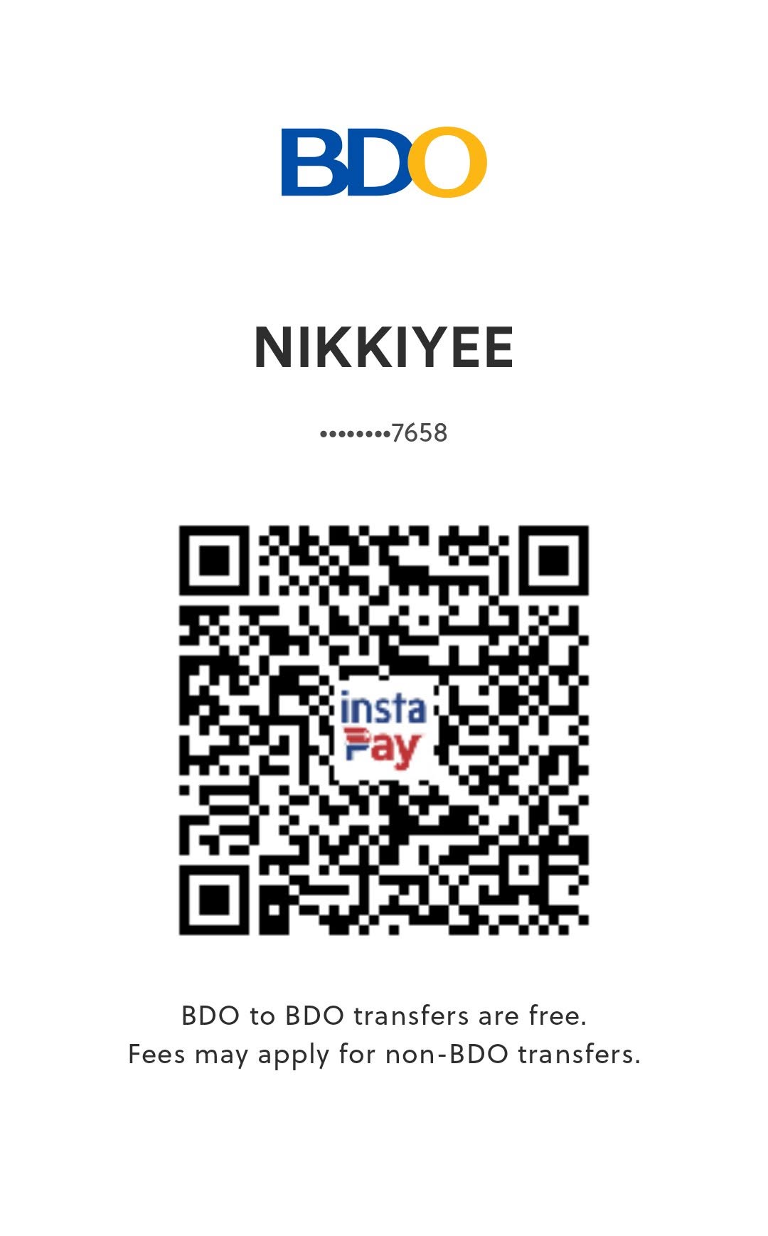 BDO InstaPay QR payment card supplied for Nikki Yee, with a masked account number ending in 7658